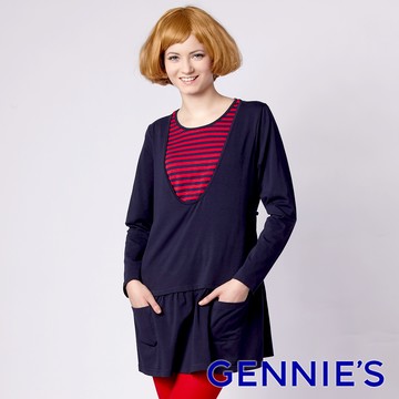 Gennies奇妮 青春洋溢秋冬哺乳長版上衣-藍/紫(GN035)