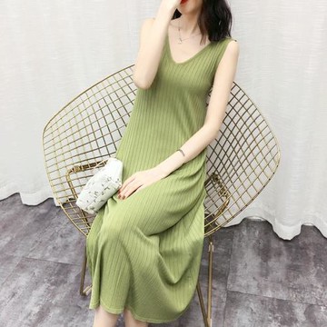 冰絲針織連衣裙夏中長款外穿V領打底韓版寬松薄款孕婦無袖背心裙