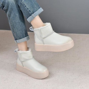 2025冬季新款厚底雪地靴女加絨加厚套筒增高短靴真皮百搭防滑棉鞋