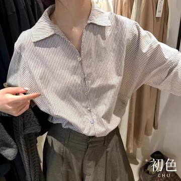 初色 休閒風寬鬆條紋翻領單排釦長袖襯衫上衣女上衣-杏色-15799(M-XL可選)