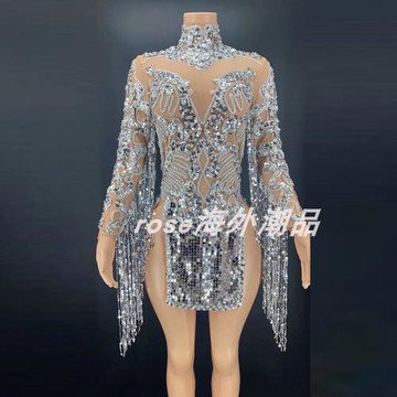 夏季服裝供應商女式閃亮鉆石流蘇表演服套裝亮片性感短裙長袖年會