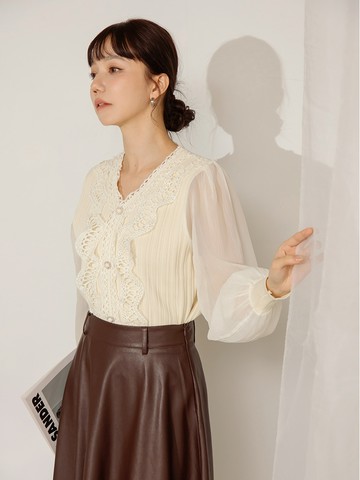 針織拼接蕾絲透膚袖上衣