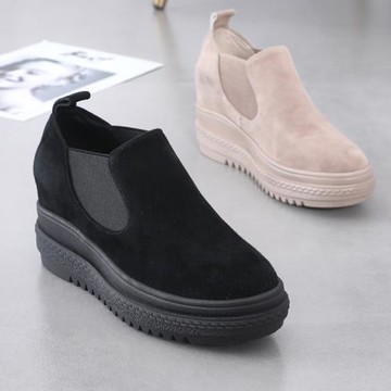 歐洲站女鞋2024春秋新款松糕鞋女厚底高跟反毛真皮內增高單鞋百搭