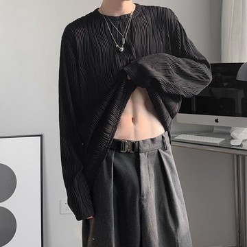 鞦季長袖T恤男學生韓版寬鬆褶皺紋理上衣氣質圓領套頭休閒男裝潮 Y1221