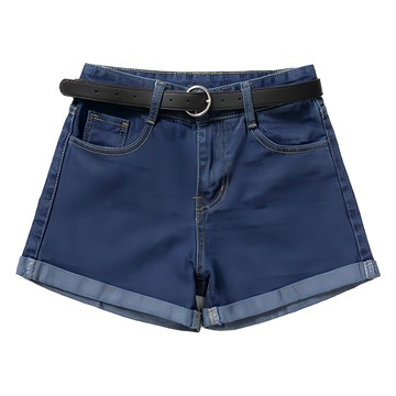 葉子小舖 高腰牛仔短褲 附腰帶  XL  深藍色
