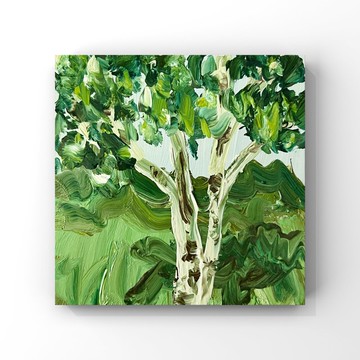 樺樹油畫抽象綠樹藝術綠葉夏日風景藝術