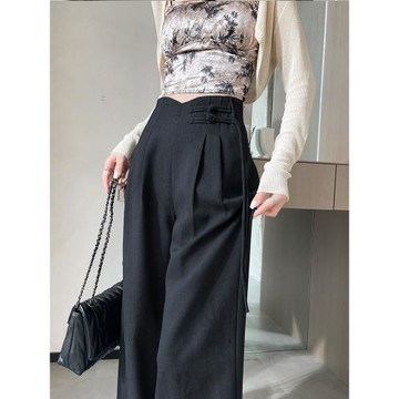 新中式國風扎染盤扣西裝闊腿褲女秋季新款高腰顯瘦垂感休閑直筒褲