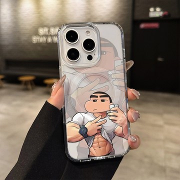 大孔磁吸透明硬殼 卡通肌肉小新 適用iPhone17ProMax/16Pro/15Plus/14全系列蘋果手機保護殼