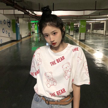 小熊印花短袖t恤女打底衫年夏季新款韓版寬松休閑百搭上衣潮