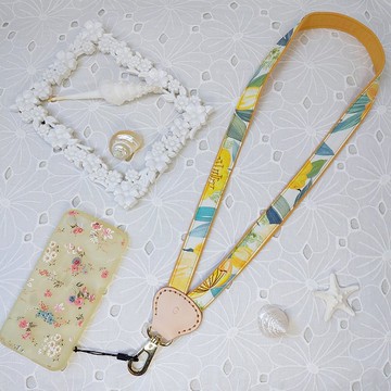 黃色系Y型減壓雙色韓國花布真皮手機頸掛繩