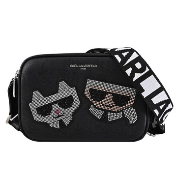 KARL LAGERFELD 卡爾 水鑽公仔造型雙層拉鍊斜背相機包.黑
