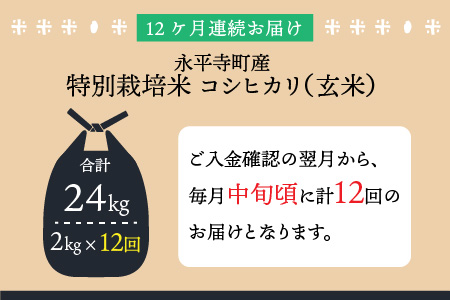 令和5年度産 永平寺町産 農薬不使用・化学肥料不使用 特別栽培米 コシヒカリ 2kg×12ヶ月（計24kg） [I-033048]
