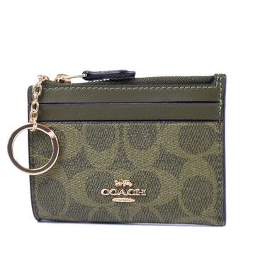 COACH 緹花LOGO防刮皮革證件鑰匙零錢包-橄欖綠