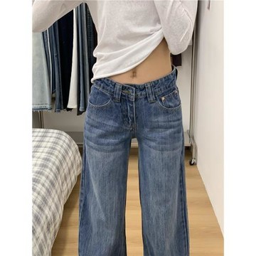 設計感寬松直筒牛仔褲女夏季新款美式復古藍中低腰顯瘦窄版闊腿褲