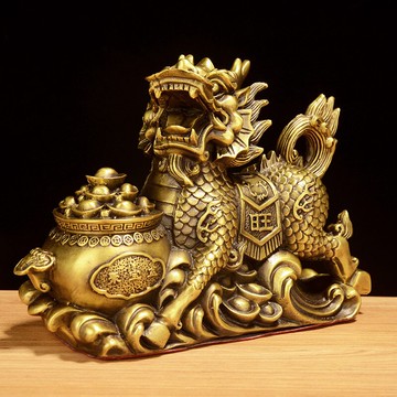 卓弘 聚寶盆銅麒麟擺件一對家居店鋪辦公室招財裝飾工藝品擺設