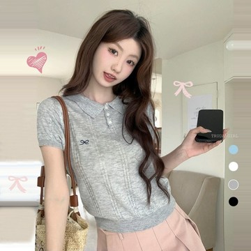 《杜達女孩》cindy的蝴蝶結翻領上衣 包芯紗polo領針織短袖上衣 學院風短袖針織 短版上衣 麻花辮針織上衣 短袖上衣