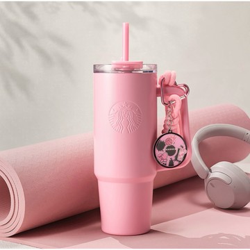 Starbucks星巴克 多彩夏日系列 高顏值水杯 大容量 女生 多巴胺 亮粉色款不鏽鋼雙飲口杯配掛件900ml