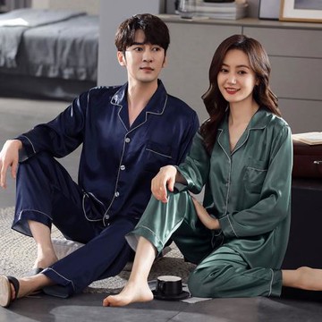 緞面情侶睡衣春秋款冰絲高級感真絲綢緞中年女男士可外穿長袖套裝