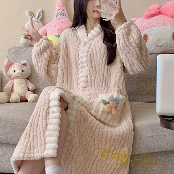 新款✈️睡袍 珊瑚絨睡袍 長袖睡袍 秋冬季 加絨加厚 甜美睡衣女家居服 套裝居家服