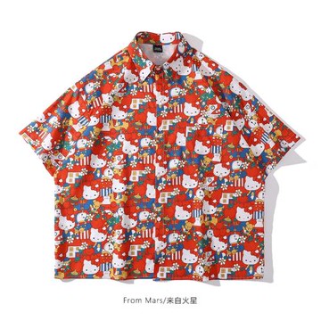 From Mars少女心貓咪 紅色卡通滿印短袖襯衣潮牌寬松慵懶休閑襯衫