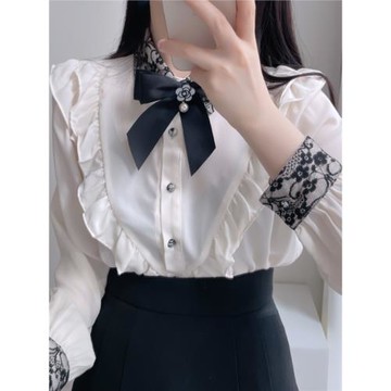 蝴蝶結蕾絲粉色襯衫女設計小眾高級感襯衣法式春秋小個子長袖上衣