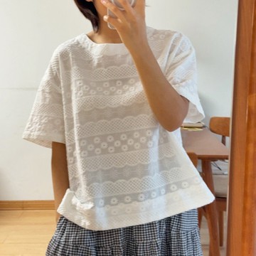 日系全幅蕾絲刺繡圓領短袖上衣153911