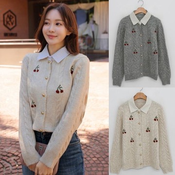 【限量現貨】排釦衫．甜美櫻桃針織排釦假兩件翻領長袖上衣．白鳥麗子