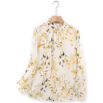 2025春夏印花桑蠶絲上衣襯衫女真絲長袖T恤文藝開衫衫立領新款