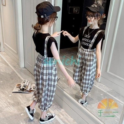 子供服 女の子 夏服 韓国子供服 上下 半袖 Tシャツ ズボン チェック柄オーバーオール サロペット ジュニア 通販 Lineポイント最大get Lineショッピング