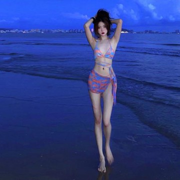 泳衣女2022新款ins爆款三點式印花比基尼三件套性感小胸辣妹溫泉