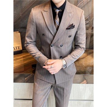 高級免燙休閑西裝套裝男新郎結婚宴會禮服條紋雙排扣商務正裝西服