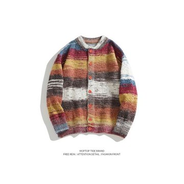 WHXS2023秋季彩條紋撞色針織衫寬松休閑男女慵懶風V領開衫毛衣