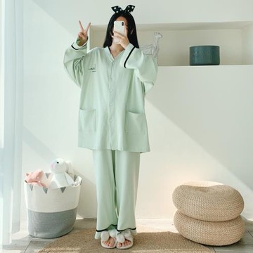 嬰兒純棉加厚V領睡衣開衫秋冬長袖長褲套裝加大碼胖MM200斤家居服