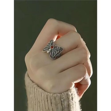 復古925銀南紅蝴蝶戒指花絲鏤空做舊新中式女掐絲小眾可調節指環