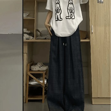 9th street 高腰格紋闊腿褲｜垂墜感慵懶山本風拖地長褲 (預購)