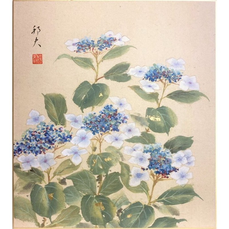 片山邦夫 「 紫陽花 ( 額紫陽花 ) 」 色紙絵 絵画 日本画 あじさい