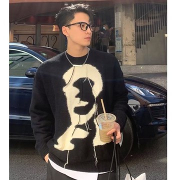 秋冬新款休閒百搭寬鬆上衣男時尚潮流圓領撞色毛衣男