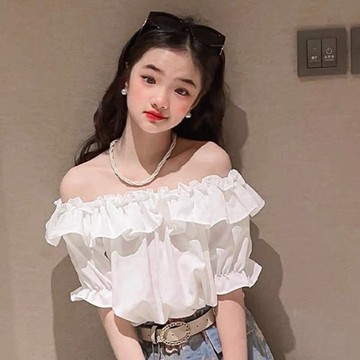 mori🎀mori女童氣質法式荷葉邊一字肩襯衫短袖兒童夏季爆款韓版中大童薄款潮