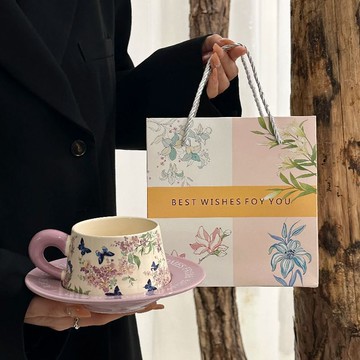 ??快速出貨?? 公司貨 復古藝術感紫薇花陶瓷咖啡杯碟套裝女生生日禮物原創下午茶拿鐵杯