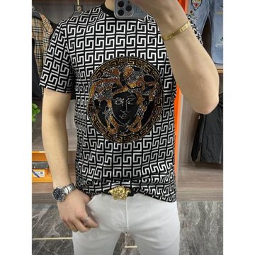 輕奢男裝休閑半袖時尚歐貨高品質印花燙鉆精品天絲棉百搭舒適短袖