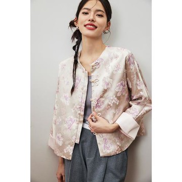 現貨 新中式國風外套桃心領廓形連身袖 醋酸緞面提花刺繡外套女