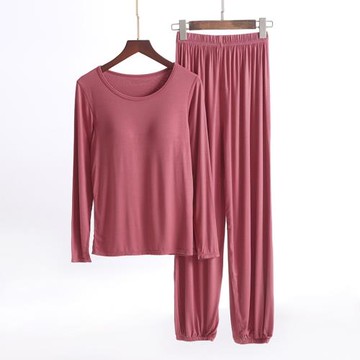 2020新款莫代爾長袖睡衣帶胸墊秋衣秋褲套裝女士燈籠褲秋冬家居服