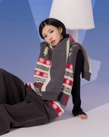 雪花圖騰毛絨V領毛衣背心(兩色)