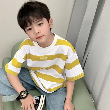 【臺灣出貨】兒童短袖男童女童條紋T恤夏季半袖中大童新款圓領寬鬆痞帥體恤潮打底衫寬鬆上衣兒童短袖