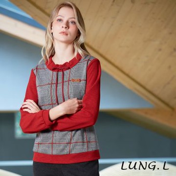 LUNG.L林佳樺 紅色英倫格紋拼接抽繩長袖女裝上衣 LU17A
