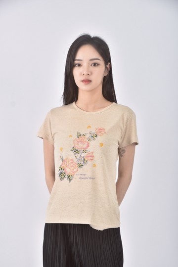 (S) 花紋杏色短袖上衣