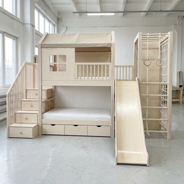木製雙層床附溜滑梯、吊環與攀爬梯 - 遊戲屋小屋