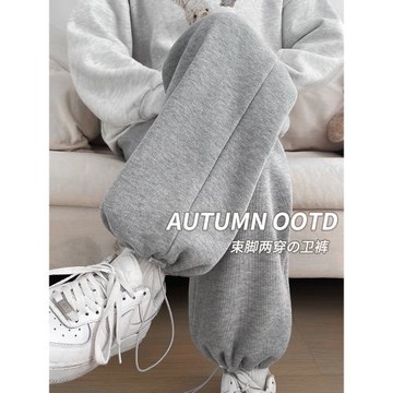 灰色運動褲女秋冬加絨2025年新款高腰直筒衛褲美式兩穿休閑闊腿褲