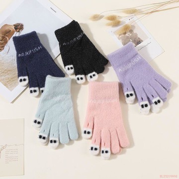 精選好物🌈多巴胺毛絨手套女冬季可愛漏指騎車騎行保暖冬天防風防寒針織毛線