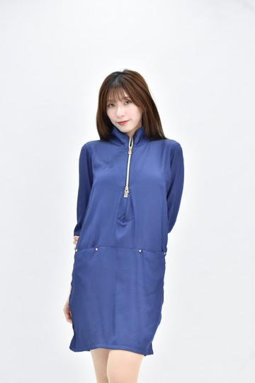 (S) versace jeans couture 藍色七分袖拉鍊設計洋裝